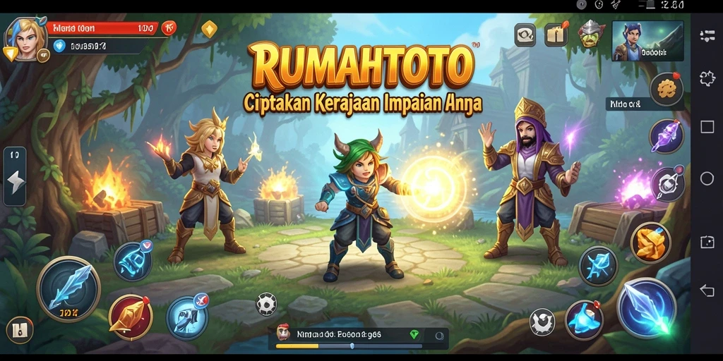 Screenshot gameplay RUMAHTOTO yang menampilkan pembangunan kerajaan.