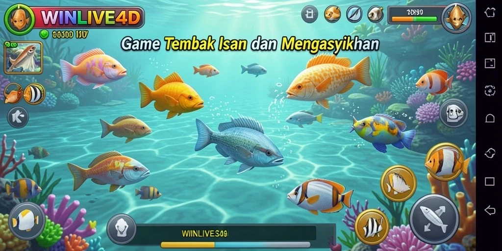 Screenshot gameplay WINLIVE4D menampilkan aksi menembak ikan yang seru.